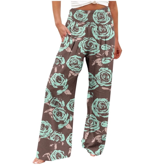 successthop Elastic Waist Pants for Women with Pockets High Waist Trousers Straight Ruffle Outfits Floral Baggy Slacks