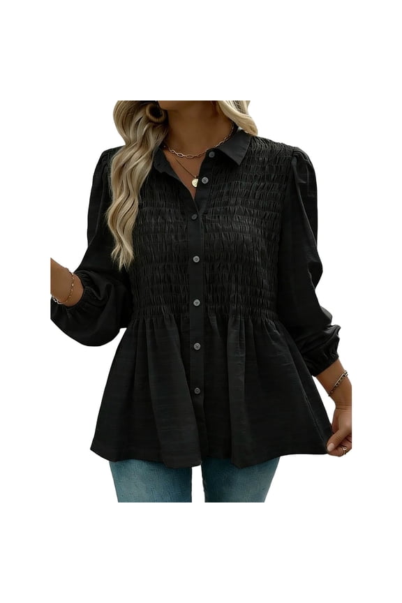 Fall Jackets for Women Long Sleeve Jacket Button Up Coat Plus Size Smocked Winter Ribbed Cuff Outwear Black