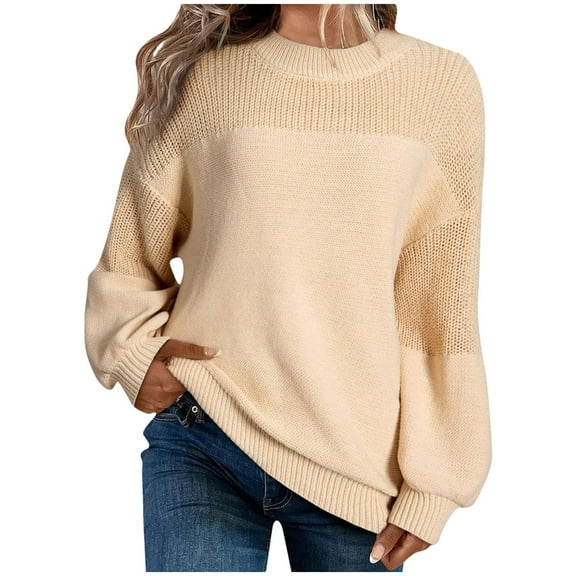successthop Fall Sweater Women Long Puff Sleeve Tops Crewneck Stylish Pullover Knitwear Ribbed Cuff Solid Casual Clothes