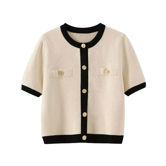 successthop Fall Sweaters Women Short Sleeve Knit Cardigan Crewneck Outwear with Pocket Button Color Block Clothes Beige