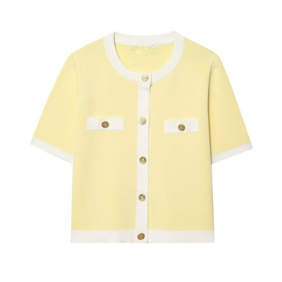 successthop Fall Sweaters Women Short Sleeve Knit Cardigan Crewneck Outwear with Pocket Button Color Block Clothes S