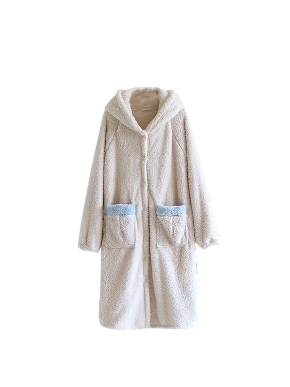 Flannel Robes Womens Fuzzy Loungewear Button Long Winter Sleepwear Hood with Bear Ear Bathrobe with Pocket M