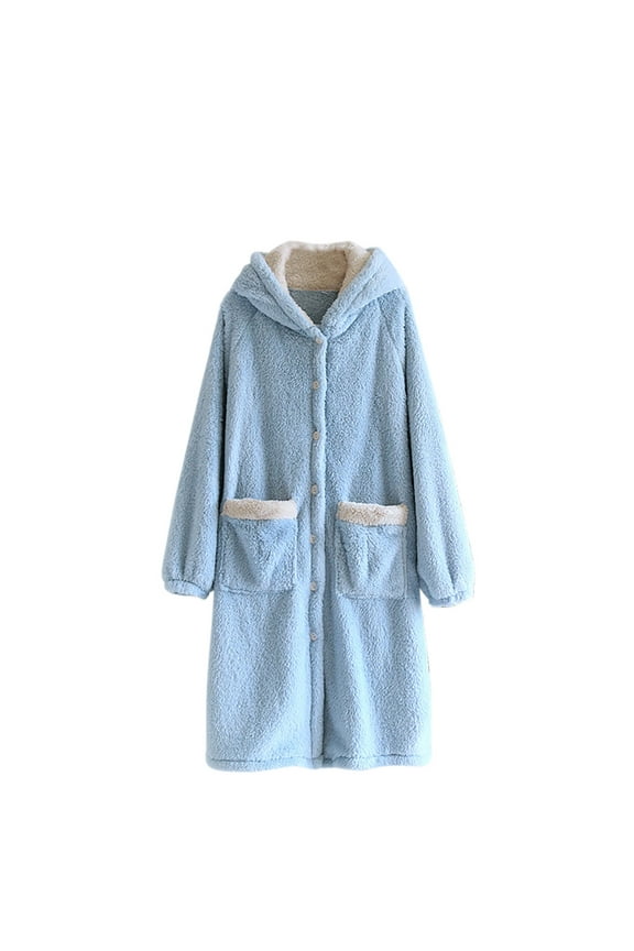 Flannel Robes Womens Fuzzy Loungewear Button Long Winter Sleepwear Hood with Bear Ear Bathrobe with Pocket M