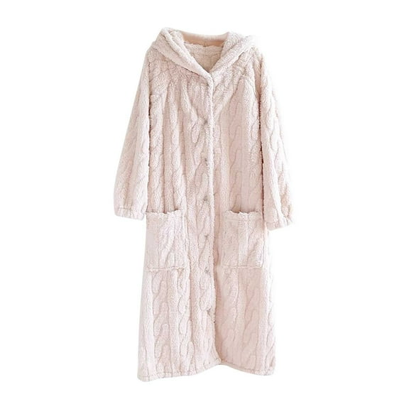 successthop Flannel Robes Womens Fuzzy Soft Bathrobe Button Knee Length Winter Hooded Solid Sleepwear with Pockets Beige