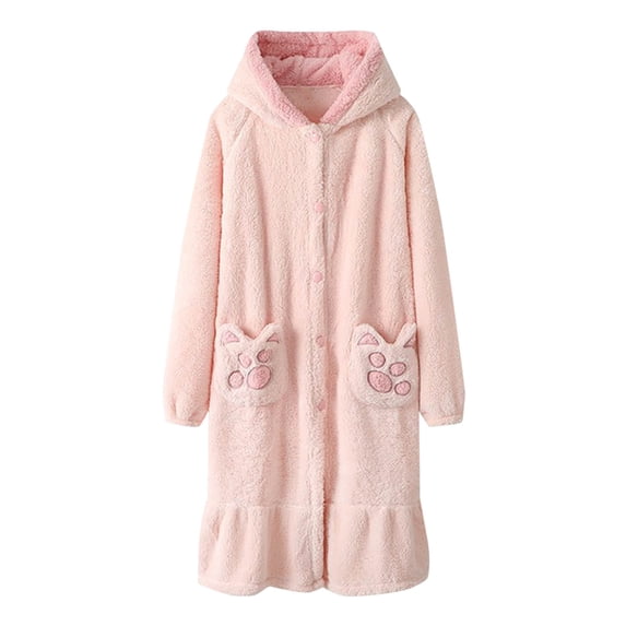 successthop Flannel Robes Womens Fuzzy Soft Button Long Winter Fall Sleepwear Hooded Claws Bathrobe with Pockets Pink L