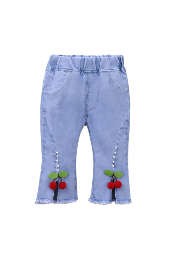 Flare Jeans Girls 1-2T Cherries Outdoor Open Bottom Capri Denim Pant with Pockets Elastic Waist Trousers