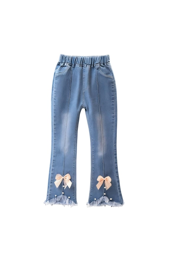 Flare Jeans Kids Toddler 2-3T Bow Seamed Open Bottom Trousers with Pockets Elastic Waist Denim Pant Blue