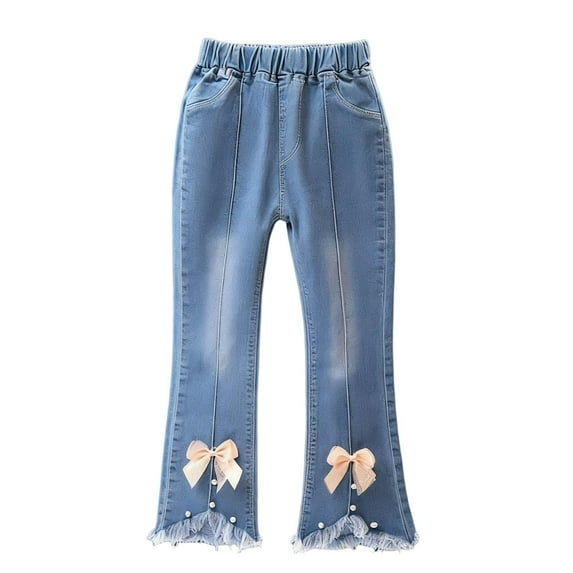 Hellosay Flare Jeans Kids Toddler 5-6T Bow Seamed Open Bottom Trousers with Pockets Elastic Waist Denim Pant Blue