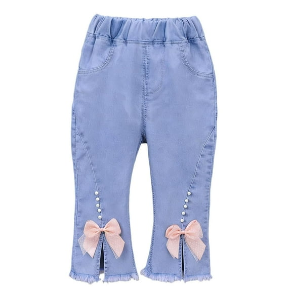 successthop Flare Jeans Toddler Girl Bow Slim Slit Raw Hem Capri Denim Pant with Pockets Elastic Waist Trousers Blue