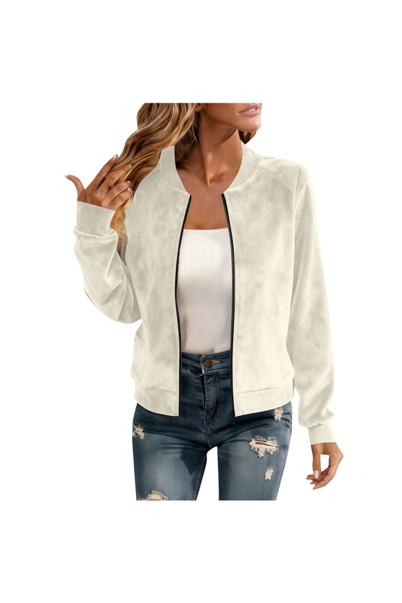 Fleece Baseball Jacket Womens Cozy Warm Coat Long Sleeve Zip Up Outerwear Solid Winter Streetwear White M