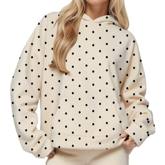 successthop Fleece Hoodies for Women Long Sleeve Top with Pockets Streetwear Polka Dots Trendy Causal Sweater Beige L