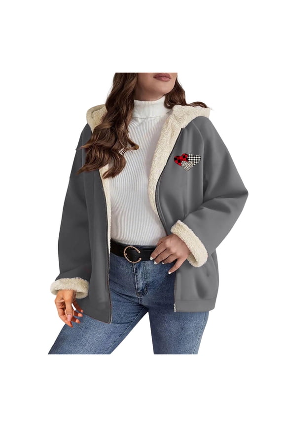 Fleece Jacket with Hood for Women Fuzzy Streetwear Oversized Long Sleeve Zip Up Outwear Heart Coat Gray 2XL