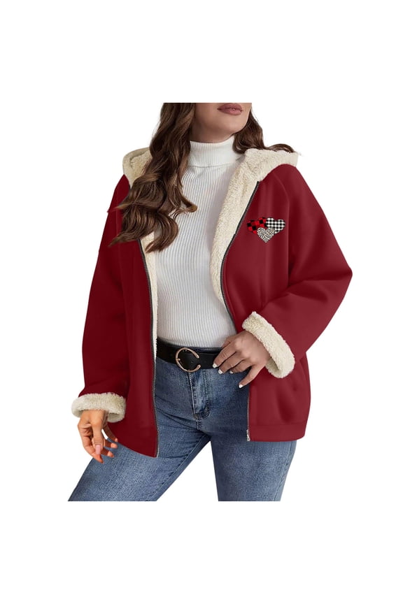 Fleece Jacket with Hood for Women Fuzzy Streetwear Oversized Long Sleeve Zip Up Outwear Heart Coat Red S