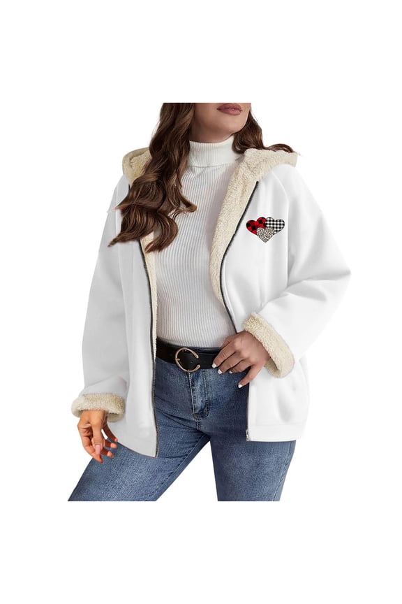 Fleece Jacket with Hood for Women Fuzzy Streetwear Oversized Long Sleeve Zip Up Outwear Heart Coat White L