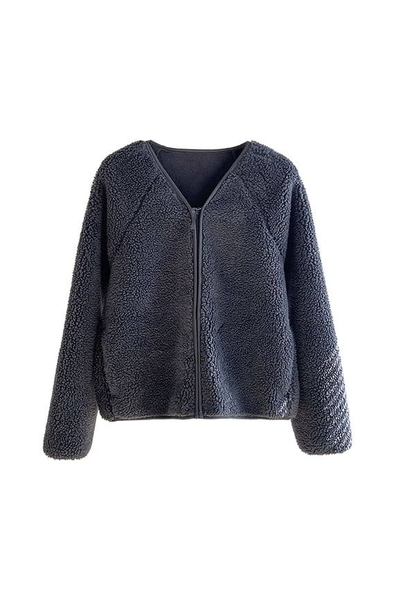 Fleece Jackets for Women Zipper Long Sleeve V Neck Jacket Zip Up Coat Winter Causal No Hood Outwear Gray S