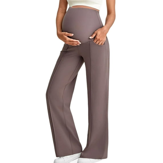 successthop Fleece Lined Maternity Leggings Wide Leg with Pockets Breathable High Strecth Elastic Waist Solid Pants L