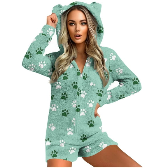 successthop Fleece Romper Women Claws Hooded with Cute Ear Fuzzy Zipper Long Sleeve with Pockets Shorts Warm Loungewear
