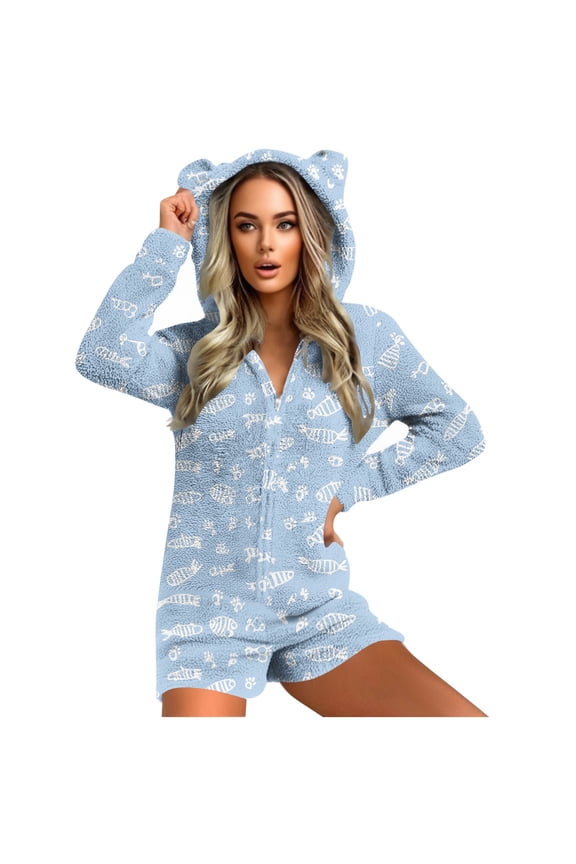 Fleece Romper Women Fish Hooded with Cute Ear Cozzy Zipper Long Sleeve with Pockets Shorts Warm Playsuit