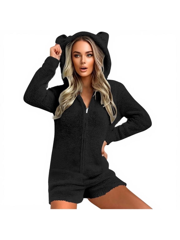 Fleece Romper Women Hooded with Cute Ear Fuzzy Zipper Long Sleeve with Pockets Shorts Warm Loungewear