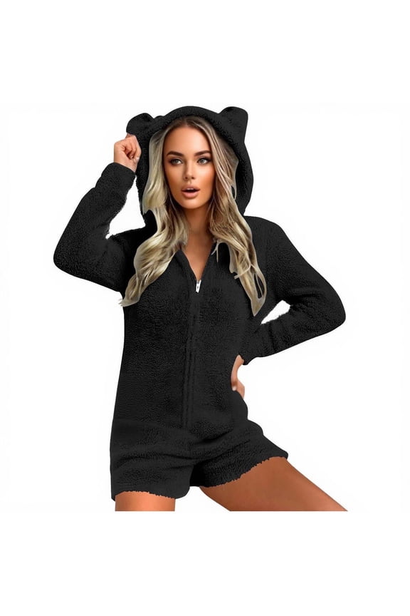 Fleece Romper Women Hooded with Cute Ear Fuzzy Zipper Long Sleeve with Pockets Shorts Warm Loungewear