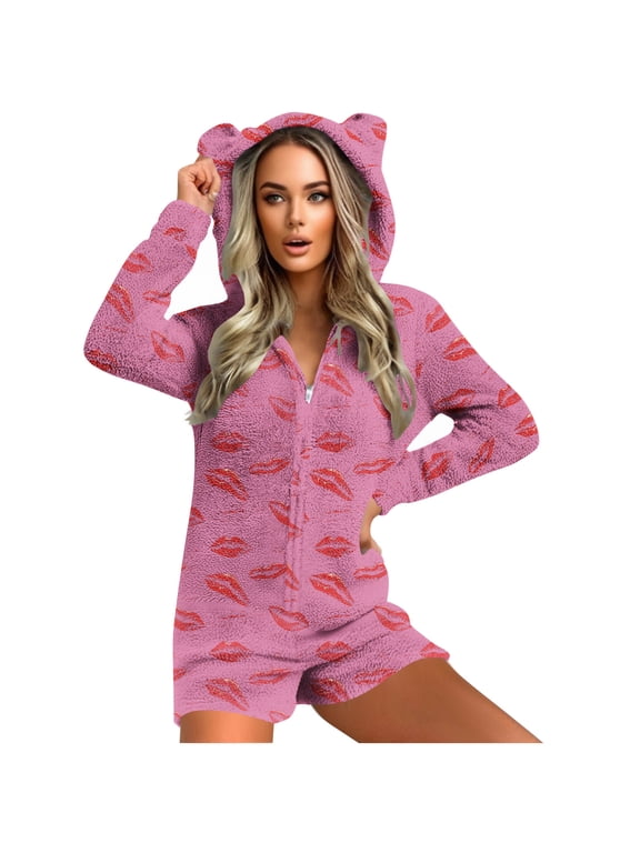Fleece Romper Women Lip Print Hood with Cute Ear Cozzy Zipper Long Sleeve with Pockets Shorts Loungewear