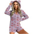 thumbnail image 1 of successthop Fleece Romper Women Lip Print Hood with Cute Ear Cozzy Zipper Long Sleeve with Pockets Shorts Loungewear, 1 of 5