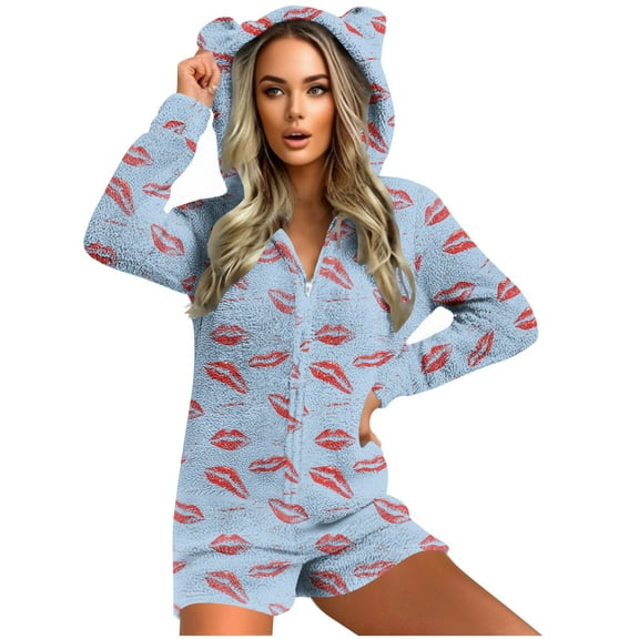 successthop Fleece Romper Women Lip Print Hood with Cute Ear Cozzy Zipper Long Sleeve with Pockets Shorts Loungewear