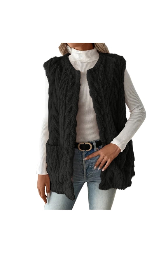 Fleece Vest Women Fuzzy Solid Outerwear Open Front Sleeveless Coat with Pockets Winter Warm Waistcoat