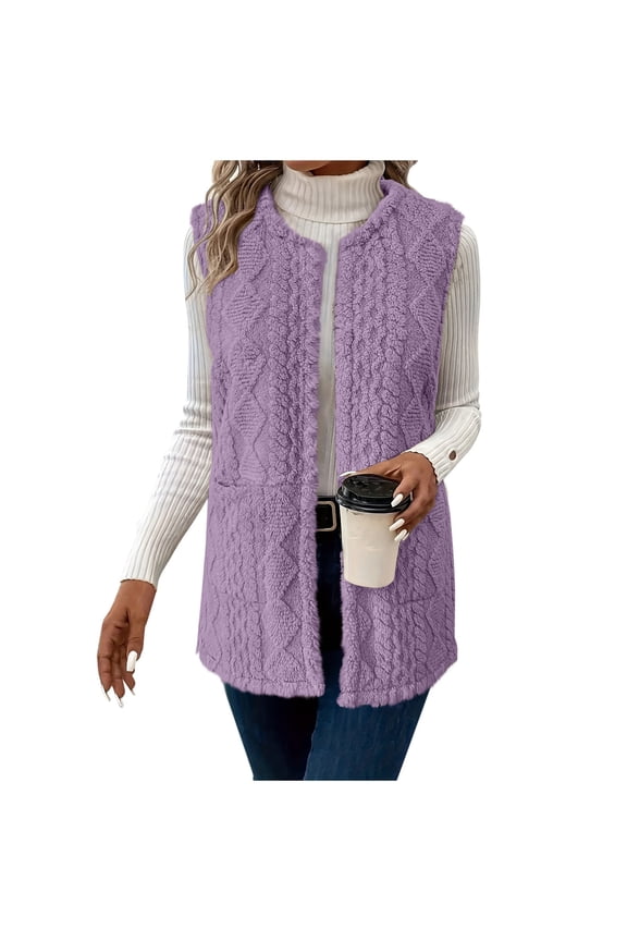 Fleece Vest Women Fuzzy Solid Waistcoat Open Front Sleeveless Outerwear with Pockets Winter Causal Coat