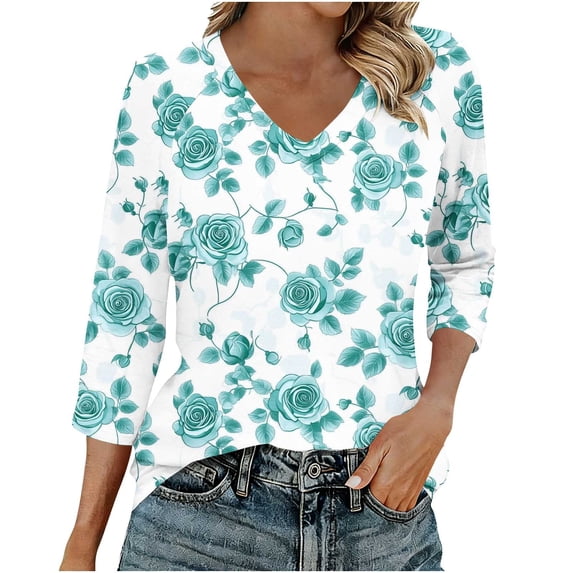 successthop Floral Blouses for Women 3/4 Sleeve V Neck Shirts Tee Raglan Shoulder Fall Casual Plus Size Clothes 2XL