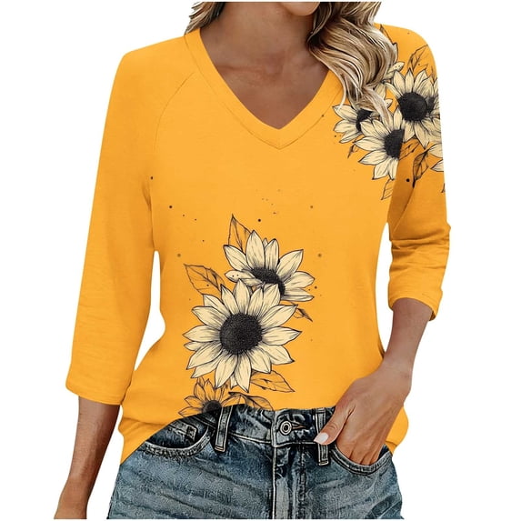 successthop Floral Blouses for Women 3/4 Sleeve V Neck Shirts Tee Raglan Shoulder Fall Casual Plus Size Clothes L