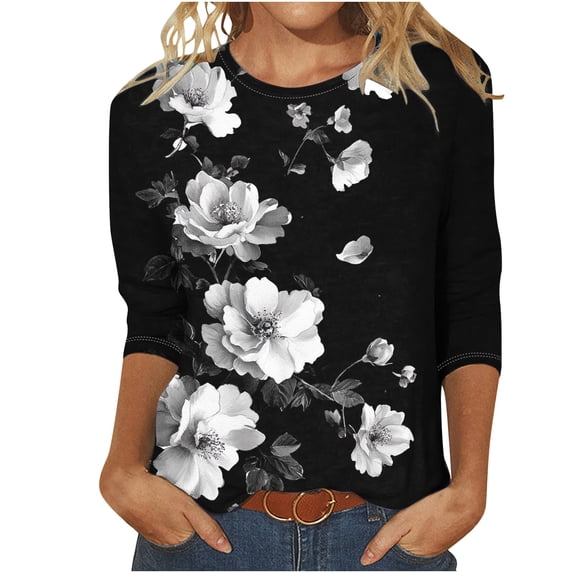 successthop Floral Blouses for Women Plus Size 3/4 Sleeve Shirt Lightweight Crewneck Casual Clothes Print Tops