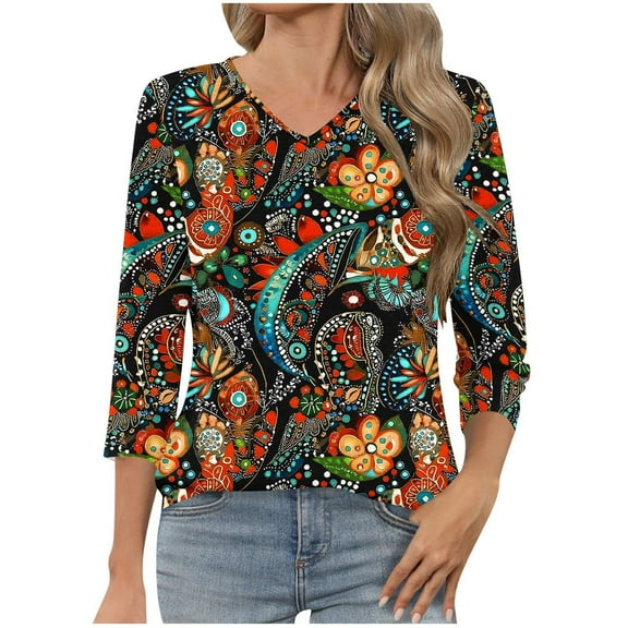 successthop Floral Blouses for Women Plus Size 3/4 Sleeve Shirt Lightweight Crewneck Casual Tops Print Clothes