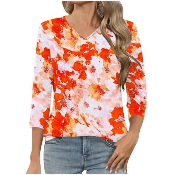 successthop Floral Blouses for Women Plus Size 3/4 Sleeve Shirt Lightweight Crewneck Casual Tops Print Clothes