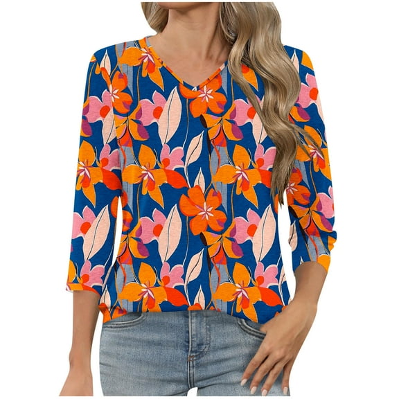 successthop Floral Blouses for Women Plus Size 3/4 Sleeve Shirt Lightweight Crewneck Casual Tops Print Clothes