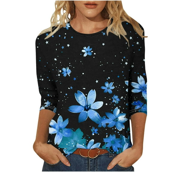 successthop Floral Blouses for Women Plus Size 3/4 Sleeve Shirts Lightweight Oversized Crewneck Clothes Print Tops