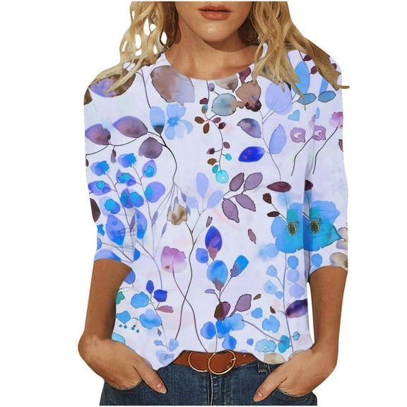 successthop Floral Blouses for Women Plus Size 3/4 Sleeve Shirts Oversized Crewneck Casual Tops Print Tee Shirts