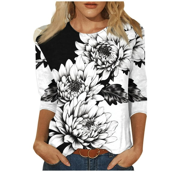 successthop Floral Blouses for Women Plus Size 3/4 Sleeve Tee Shirt Lightweight Crewneck Trendy Clothes Print Shirt