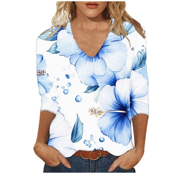 successthop Floral Blouses for Women Plus Size 3/4 Sleeve Tee Shirts Lightweight Crewneck Pullover Shirt Print Tops