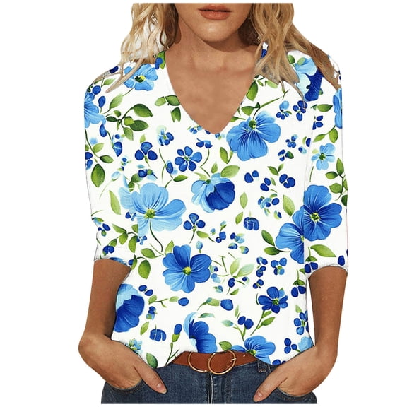 successthop Floral Blouses for Women Plus Size 3/4 Sleeve Tee Shirts Lightweight Crewneck Pullover Shirt Print Tops