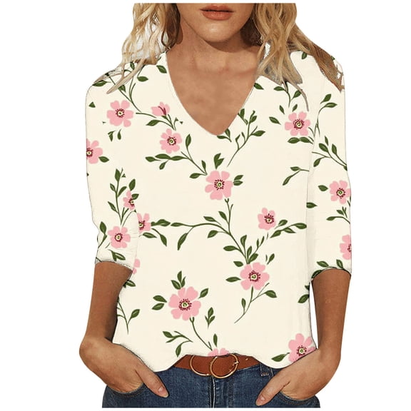 successthop Floral Blouses for Women Plus Size 3/4 Sleeve Tee Shirts Lightweight Crewneck Pullover Shirt Print Tops