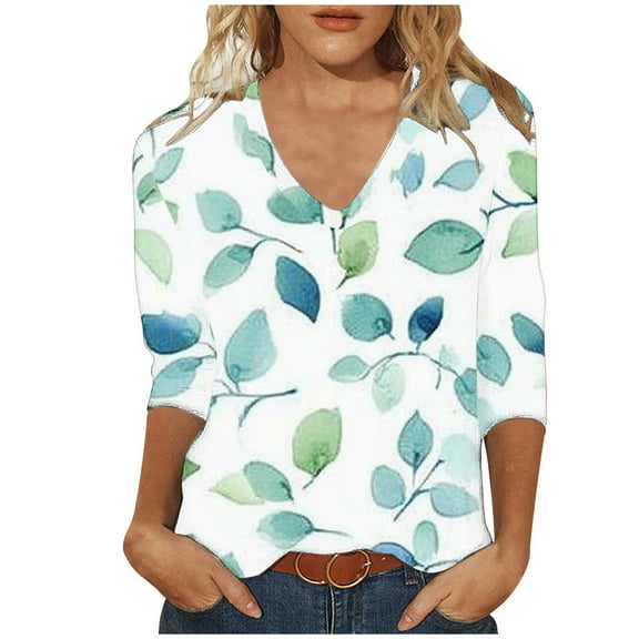 successthop Floral Blouses for Women Plus Size 3/4 Sleeve Tee Shirts Lightweight Crewneck Pullover Shirt Print Tops