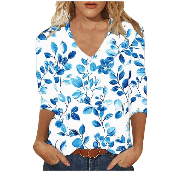 successthop Floral Blouses for Women Plus Size 3/4 Sleeve Tee Shirts Lightweight Crewneck Pullover Shirt Print Tops