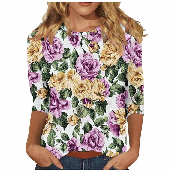 successthop Floral Blouses for Women Plus Size 3/4 Sleeve Tee Shirts Lightweight Oversized Crewneck Clothes Print Shirts
