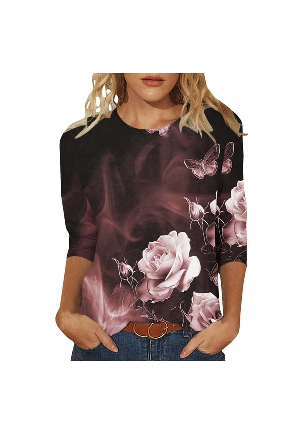 Floral Blouses for Women Plus Size 3/4 Sleeve Tops Oversized Crewneck Casual Shirts Floral Clothes