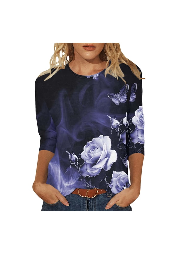 Floral Blouses for Women Plus Size 3/4 Sleeve Tops Oversized Crewneck Casual Shirts Floral Clothes