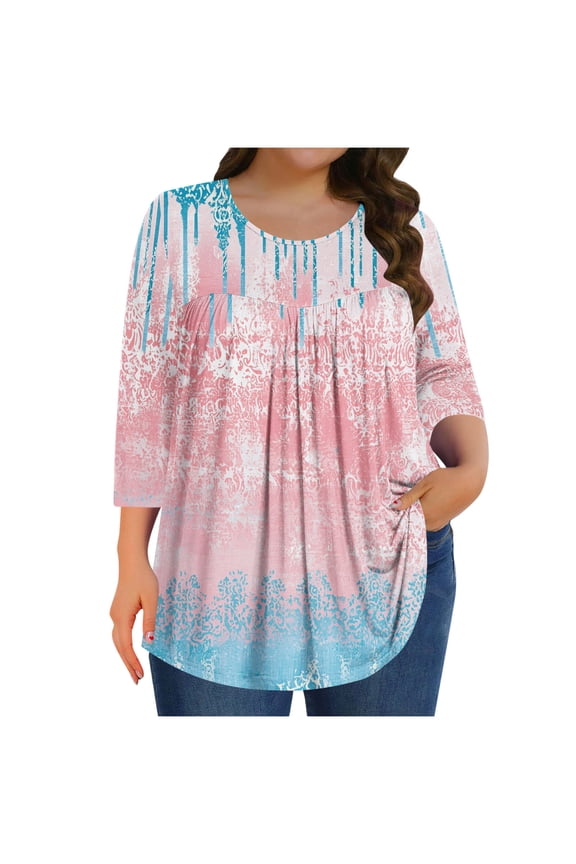 Floral Blouses for Women Plus Size 3/4 Sleeve Tunic Top Crewneck Curved Hem Shirt Print Tops Loungewear