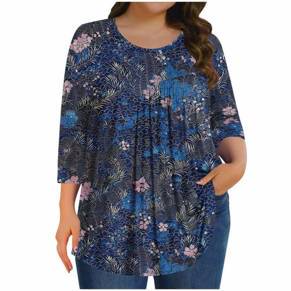 successthop Floral Blouses for Women Plus Size 3/4 Sleeve Tunic Top Crewneck Curved Hem Shirt Print Tops Loungewear