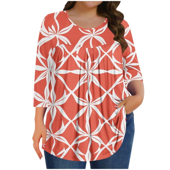 successthop Floral Blouses for Women Plus Size 3/4 Sleeve Tunic Top Crewneck Curved Hem Shirt Print Tops Loungewear