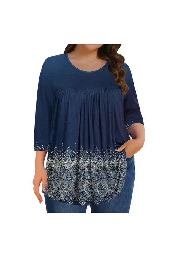 Floral Blouses for Women Plus Size 3/4 Sleeve Tunic Top Crewneck Curved Hem Shirt Print Tops Loungewear